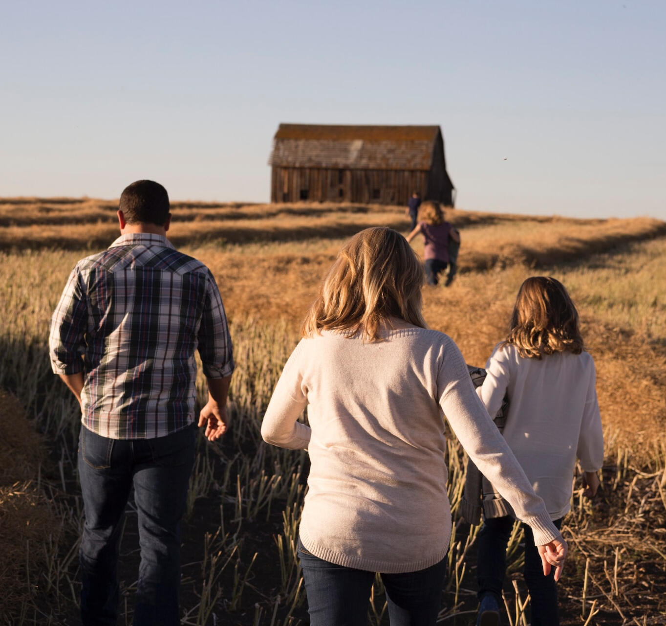 people walking through a field